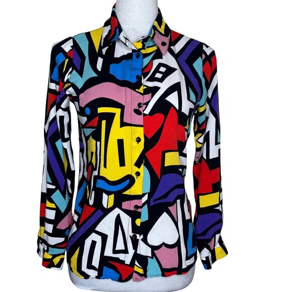 Big Dart Vintage Op Art Dopamine Colorblock Button Collared Blouse Shirt Top 8 - Picture 2 of 11
